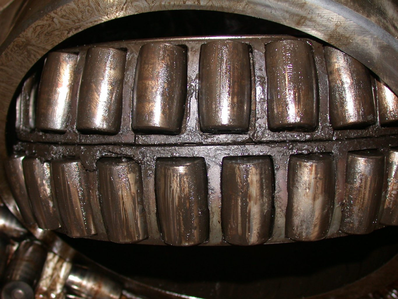 A double row spherical bearing with the rollers visible and covered in a thin film of dark brown dirty lubricant.